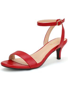 Women's Red Low Open Toe Short Ankle Strap Round Toe Dress Kitten Heels Sandals